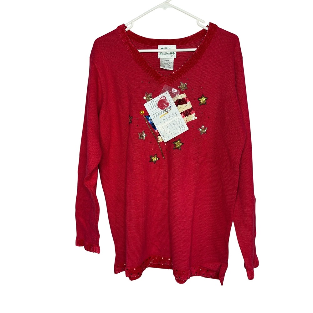 Quacker Factory American Flag Star Sweater Size Large NWT V Neck Red Sequin